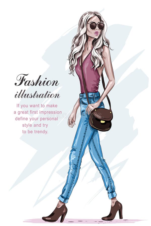Modelo de forma bonito com cabelo louro Passeio à moda tirado mão da jovem mulher ilustração do vetor