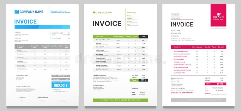 Business invoice form template. Invoicing quotes, money bills or price invoices and payment agreement design templates. Tax form, bill graphic or payment receipt page vector set. Business invoice form template. Invoicing quotes, money bills or price invoices and payment agreement design templates. Tax form, bill graphic or payment receipt page vector set