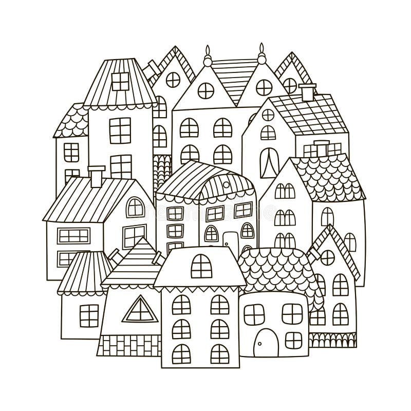 Modelo de la forma del círculo con las casas para el libro de colorear