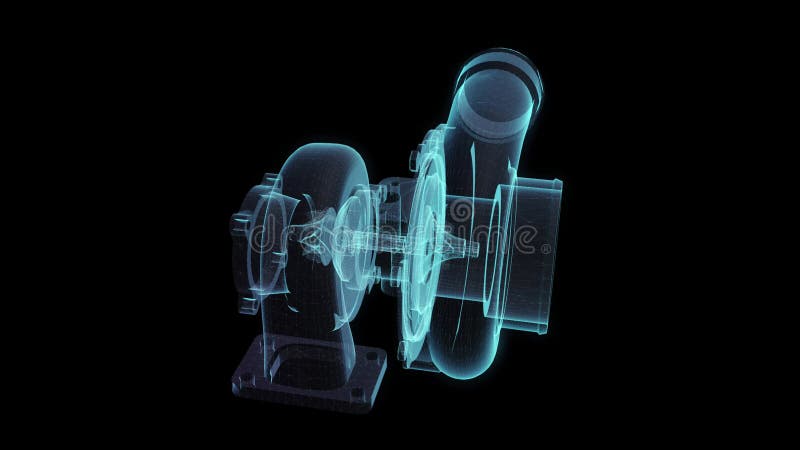 Modelo de linha poligonal de turbocompressor 3d. turbina em linhas de movimento e ligada à forma. visualização de tecnologia digit