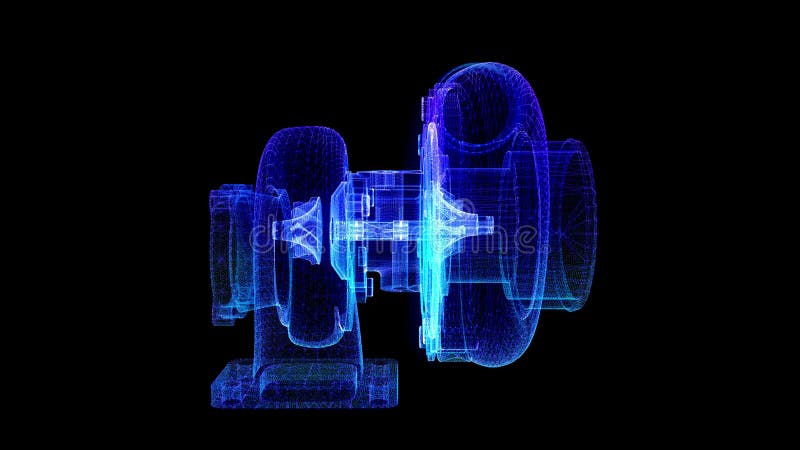 Modelo de linha poligonal de turbocompressor 3d. turbina em linhas de movimento e ligada à forma. visualização de tecnologia digit