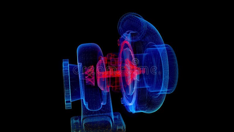 Modelo de linha poligonal de turbocompressor 3d. turbina em linhas de movimento e ligada à forma. visualização de tecnologia digit