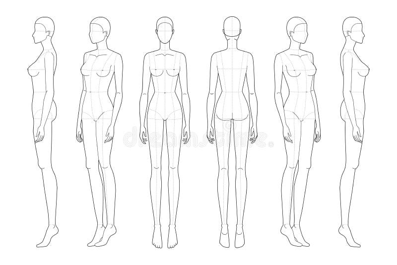 Modelo de moda de mulheres em poses diferentes 9 tamanho de cabeça para  desenho técnico