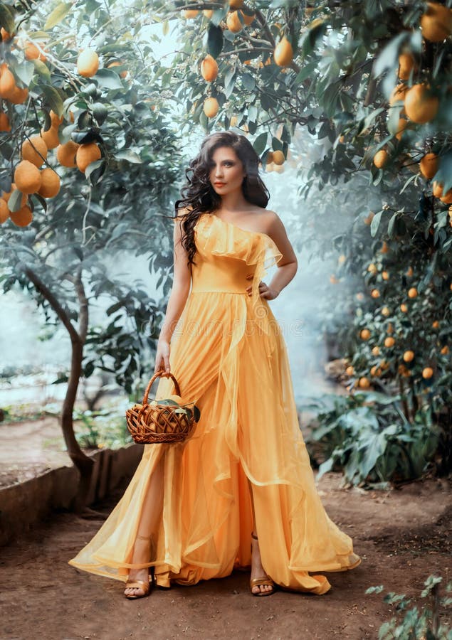 Modelo De Moda De Mulher Glamourosa E Luxuosa, Com Um Vestido Amarelo De  Seda Brilhante, Posando Na Cesta Do Jardim Com Foto de Stock - Imagem de  rainha, vestido: 218010974