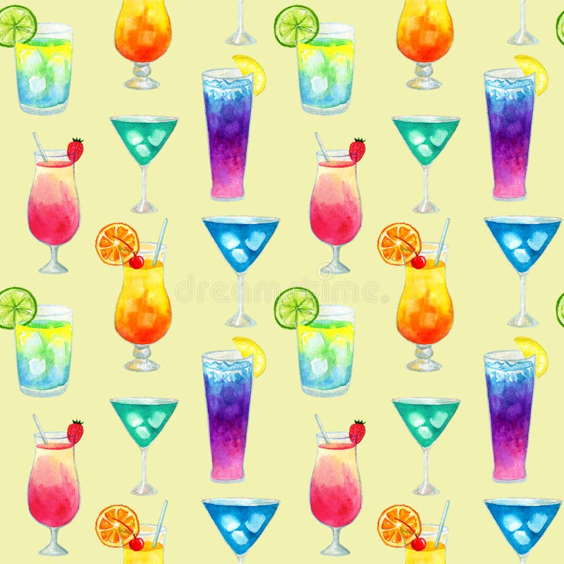 Modelo de Semless con los cócteles brillantes de diverso verano colorido con las frutas Ejemplo dibujado mano de la acuarela Text imágenes de archivo libres de regalías Modelo de Semless con los cócteles brillantes de diverso verano colorido con las frutas Ejemplo dibujado mano de la acuarela Text imágenes de archivo libres de regalías
