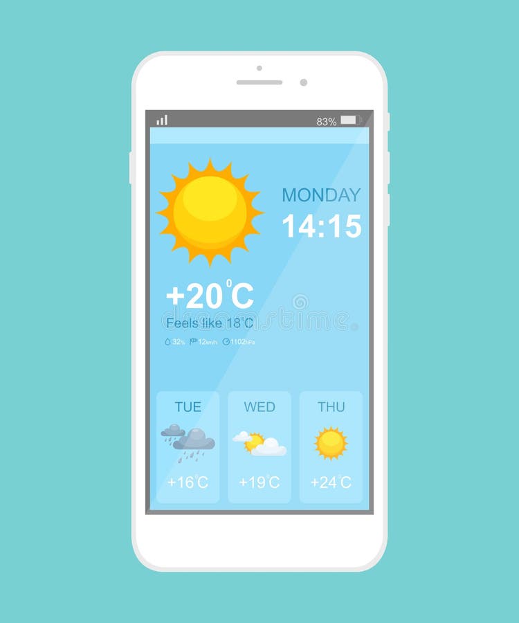 Weather forecast smartphone application vector template. Mobile app page blue interface. Weather condition sunny, rainy, cloudy thunderstorm day phone display. Weather forecast smartphone application vector template. Mobile app page blue interface. Weather condition sunny, rainy, cloudy thunderstorm day phone display