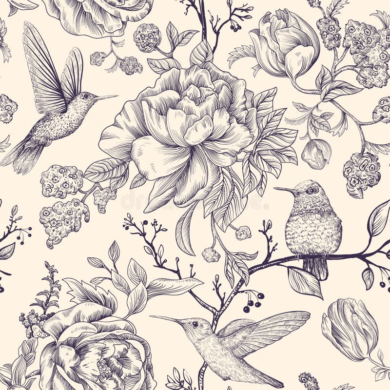Modelo del bosquejo del vector con los pájaros y las flores Diseño floral monocromático para la web, papel de embalaje, cubierta stock de ilustración