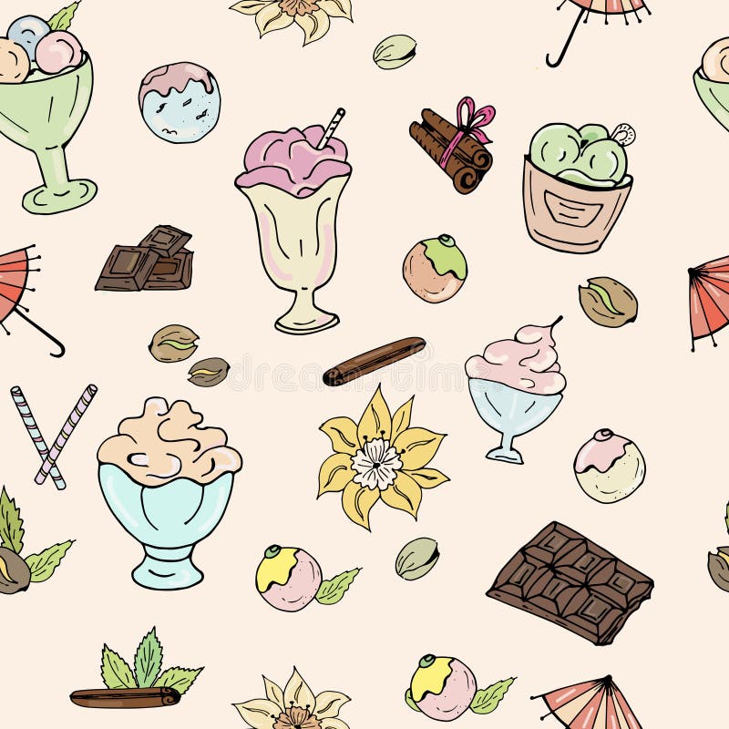 Modelo del helado, del chocolate, de nueces, de la vainilla y del canela en un fondo ligero libre illustration Modelo del helado, del chocolate, de nueces, de la vainilla y del canela en un fondo ligero libre illustration
