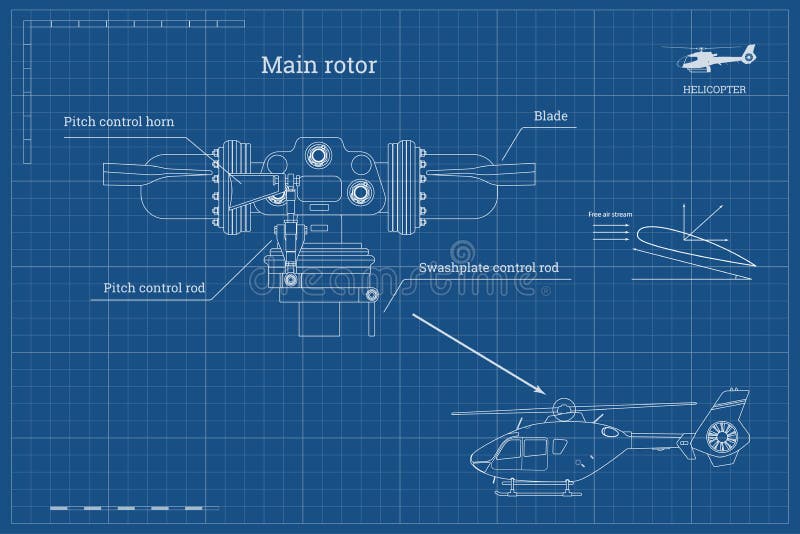 Modelo del rotor principal del helicóptero en estilo del esquema Dibujo industrial de la pieza de la caja de cambios Imagen aisla