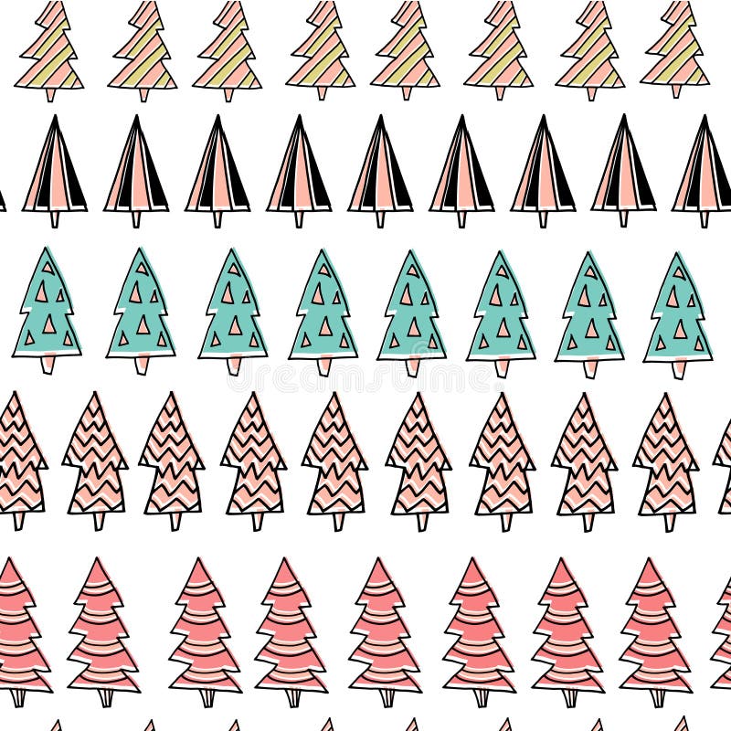 Modelo dibujado mano inconsútil del día de fiesta con los árboles de navidad coloridos en el fondo blanco Ilustración del vector libre illustration Modelo dibujado mano inconsútil del día de fiesta con los árboles de navidad coloridos en el fondo blanco Ilustración del vector libre illustration