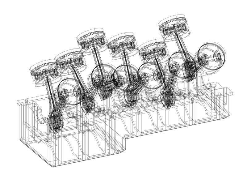 Um motor de combustão interna. O motor de desenho da máquina na seção,  ilustrando a estrutura interna - os cilindros, pistões, a vela de ignição.  Isolado sobre fundo branco . imagem vetorial