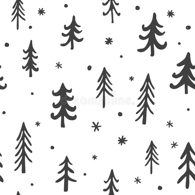 Modelo elegante inconsútil con los árboles de pino exhaustos de la mano linda Ejemplo del esquema del vector, gris y blanco libre illustration