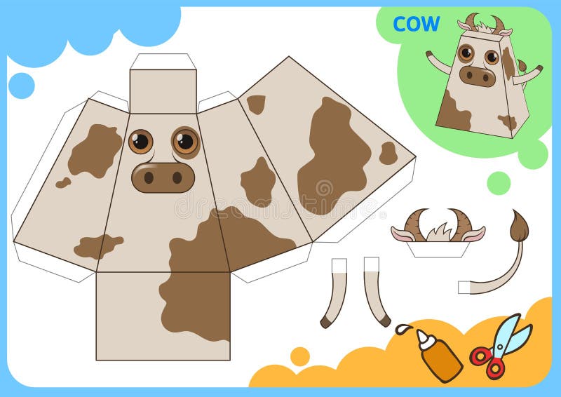 Modelo engraçado do papel da vaca Projeto home pequeno do ofício, jogo de papel Cortado, dobra e colagem Entalhes para crianças V