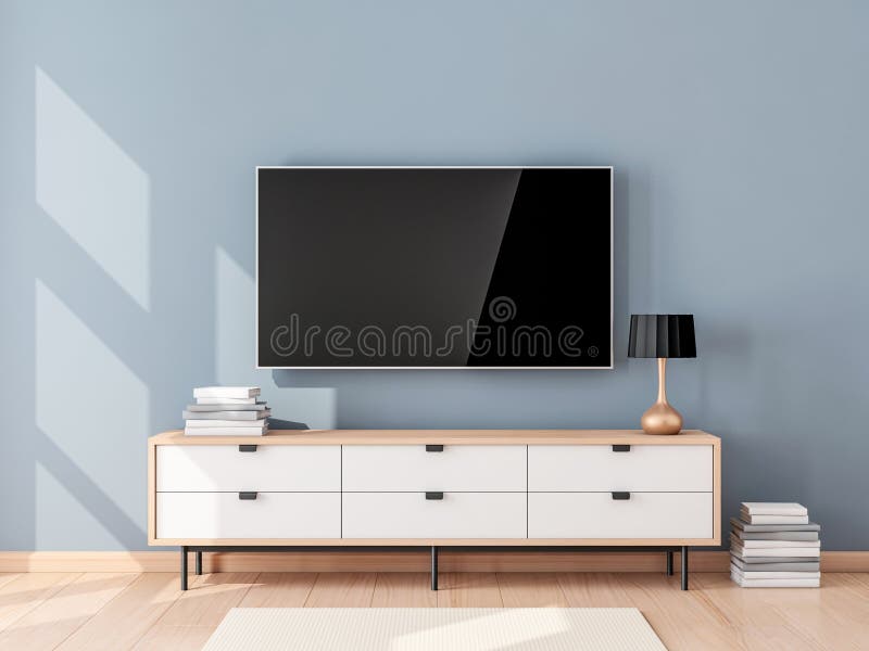Modelo esperto da tevê com a tela vazia que pendura na parede na sala de visitas moderna ilustração do vetor Modelo esperto da tevê com a tela vazia que pendura na parede na sala de visitas moderna ilustração do vetor