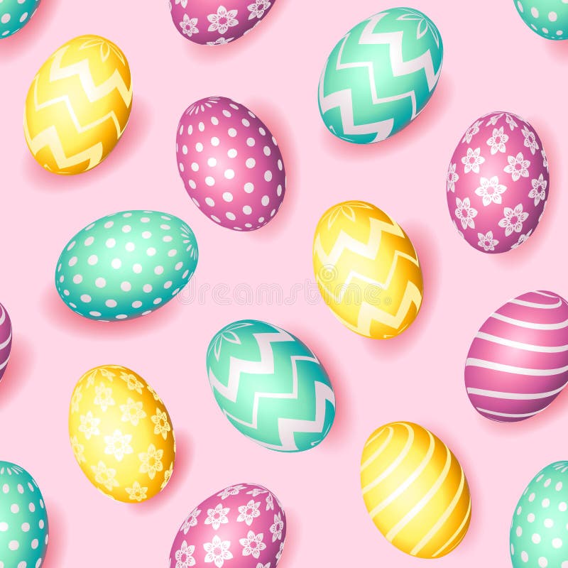 Modelo feliz inconsútil de Pascua con los huevos realistas con diverso ornamento, fondo del día de fiesta, ejemplo del vector Tel libre illustration Modelo feliz inconsútil de Pascua con los huevos realistas con diverso ornamento, fondo del día de fiesta, ejemplo del vector Tel libre illustration