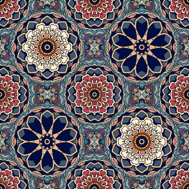 Modelo geométrico inconsútil con las mandalas estilizadas del loto y de las flores Motivos indios, persas, marroquíes stock de ilustración Modelo geométrico inconsútil con las mandalas estilizadas del loto y de las flores Motivos indios, persas, marroquíes stock de ilustración