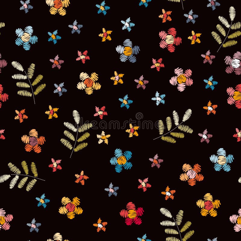 Modelo Inconsútil Del Bordado Con Las Pequeñas Flores Y Hojas En Fondo Negro Ilustración del Vector - Ilustración de flor, elegante: 131069744 Modelo Inconsútil Del Bordado Con Las Pequeñas Flores Y Hojas En Fondo Negro Ilustración del Vector - Ilustración de flor, elegante: 131069744