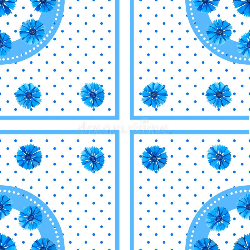 Modelo incons?til blanco con las flores azules Acianos de la acuarela, fondo del lunar stock de ilustración Modelo incons?til blanco con las flores azules Acianos de la acuarela, fondo del lunar stock de ilustración