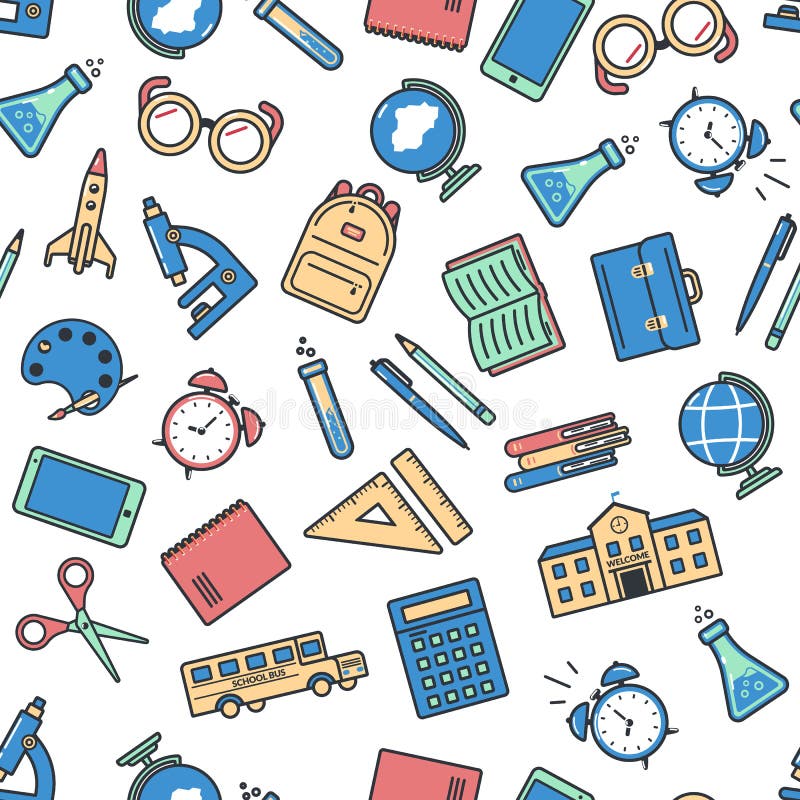 Modelo incons?til de la escuela De nuevo a escuela Iconos coloridos para la educación en el fondo blanco stock de ilustración Modelo incons?til de la escuela De nuevo a escuela Iconos coloridos para la educación en el fondo blanco stock de ilustración