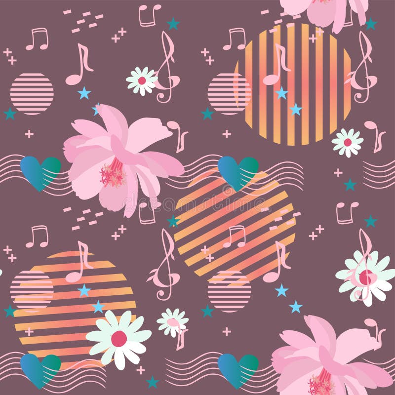 Modelo inconsútil alegre con las flores del cosmos y de la margarita, reglas musicales que pasan a través del corazón, notas y mu libre illustration Modelo inconsútil alegre con las flores del cosmos y de la margarita, reglas musicales que pasan a través del corazón, notas y mu libre illustration