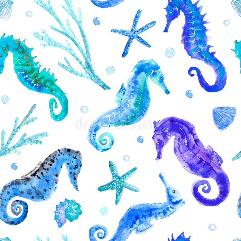Modelo inconsútil azul del seahorse, de la cáscara, de las estrellas de mar, del coral y de las burbujas ilustración del vector Modelo inconsútil azul del seahorse, de la cáscara, de las estrellas de mar, del coral y de las burbujas ilustración del vector
