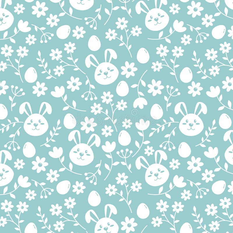 Modelo inconsútil blanco de pascua con las flores y los conejos en fondo de la turquesa ilustración del vector Modelo inconsútil blanco de pascua con las flores y los conejos en fondo de la turquesa ilustración del vector
