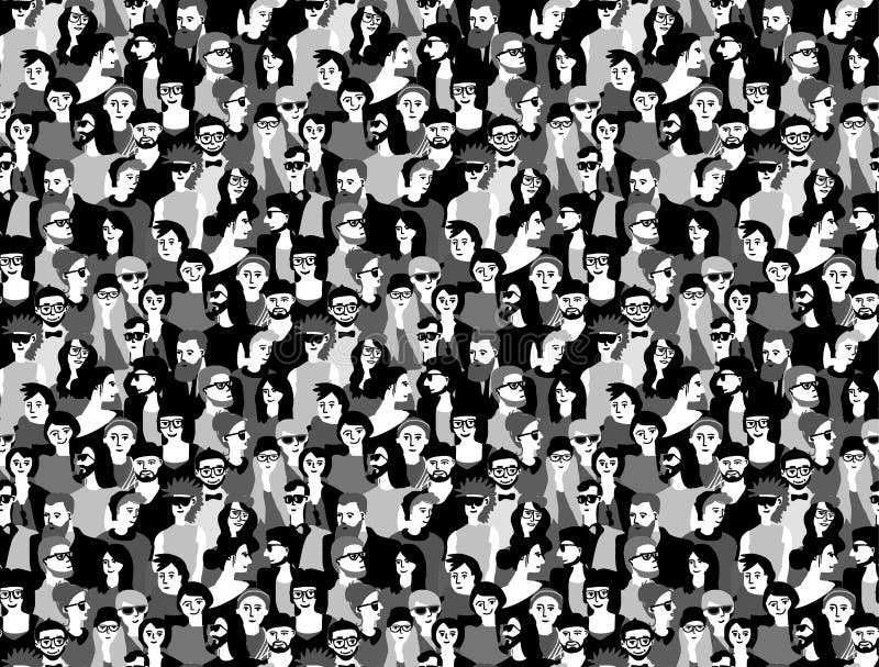 Modelo inconsútil blanco y negro de la gente feliz grande de la muchedumbre stock de ilustración Modelo inconsútil blanco y negro de la gente feliz grande de la muchedumbre stock de ilustración