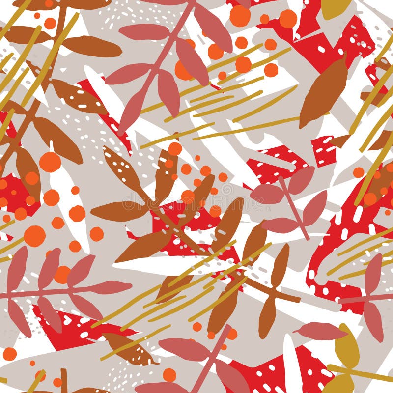 Modelo inconsútil botánico del extracto con follaje u hojas y manchas o manchas abstractas caóticas Vector moderno stock de ilustración Modelo inconsútil botánico del extracto con follaje u hojas y manchas o manchas abstractas caóticas Vector moderno stock de ilustración