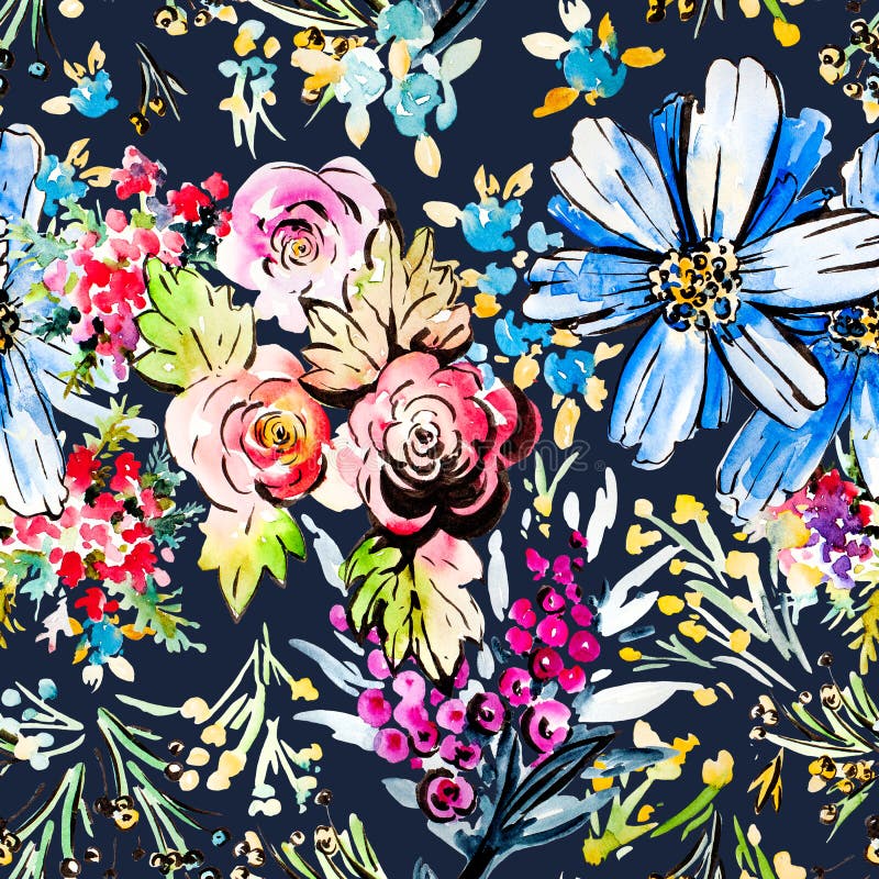Modelo inconsútil brillante colorido dibujado mano floral de la acuarela ilustración del vector Modelo inconsútil brillante colorido dibujado mano floral de la acuarela ilustración del vector