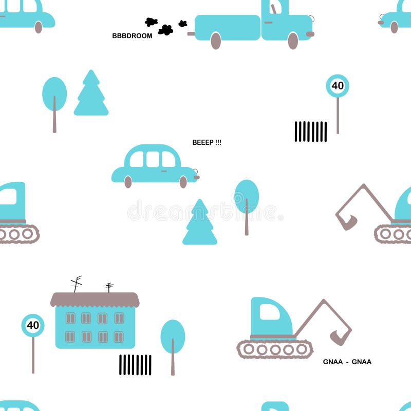 Modelo inconsútil: coches, camión, excavador, árboles, casa, muestra en un fondo blanco Vector plano libre illustration Modelo inconsútil: coches, camión, excavador, árboles, casa, muestra en un fondo blanco Vector plano libre illustration