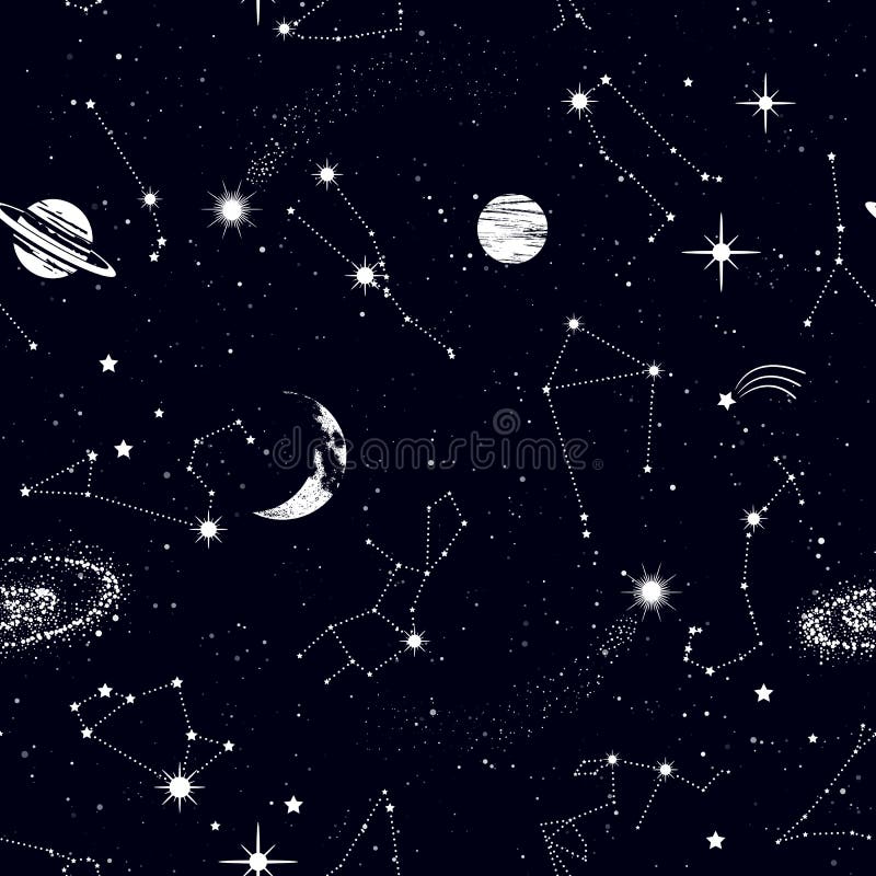 Modelo inconsútil con constelaciones del zodiaco, galaxia, estrellas, planetas del espacio en espacio exterior Textura para los p