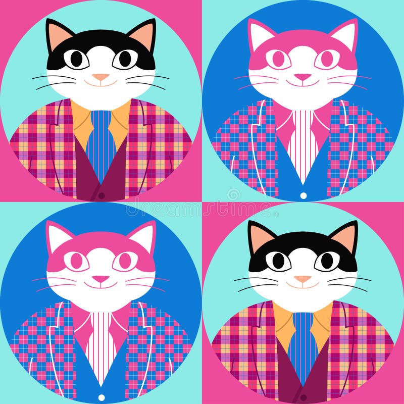 Modelo inconsútil con el gato elegante de la historieta en chaqueta, chaleco y corbata comprobados stock de ilustración Modelo inconsútil con el gato elegante de la historieta en chaqueta, chaleco y corbata comprobados stock de ilustración