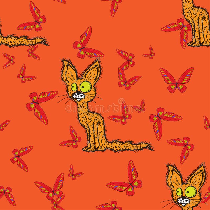 Modelo inconsútil con el gato y la mariposa del dibujo ilustración del vector Modelo inconsútil con el gato y la mariposa del dibujo ilustración del vector