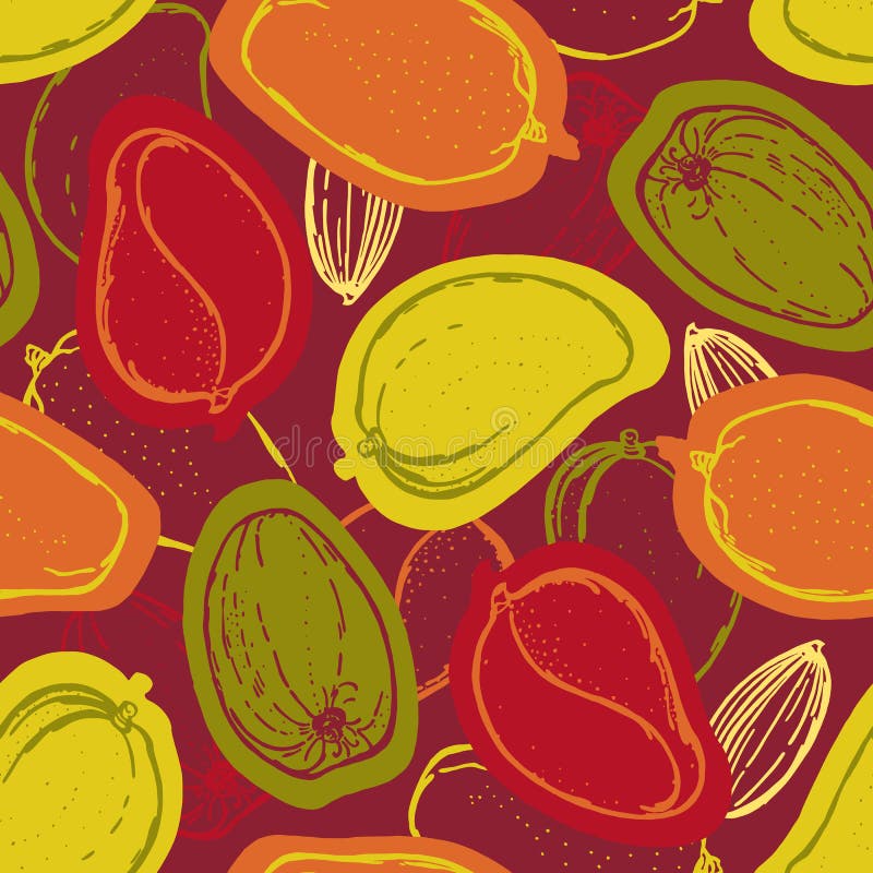 Modelo inconsútil con el mango Colección de mangos Fruta tropical Fondo dibujado mano de la comida libre illustration Modelo inconsútil con el mango Colección de mangos Fruta tropical Fondo dibujado mano de la comida libre illustration