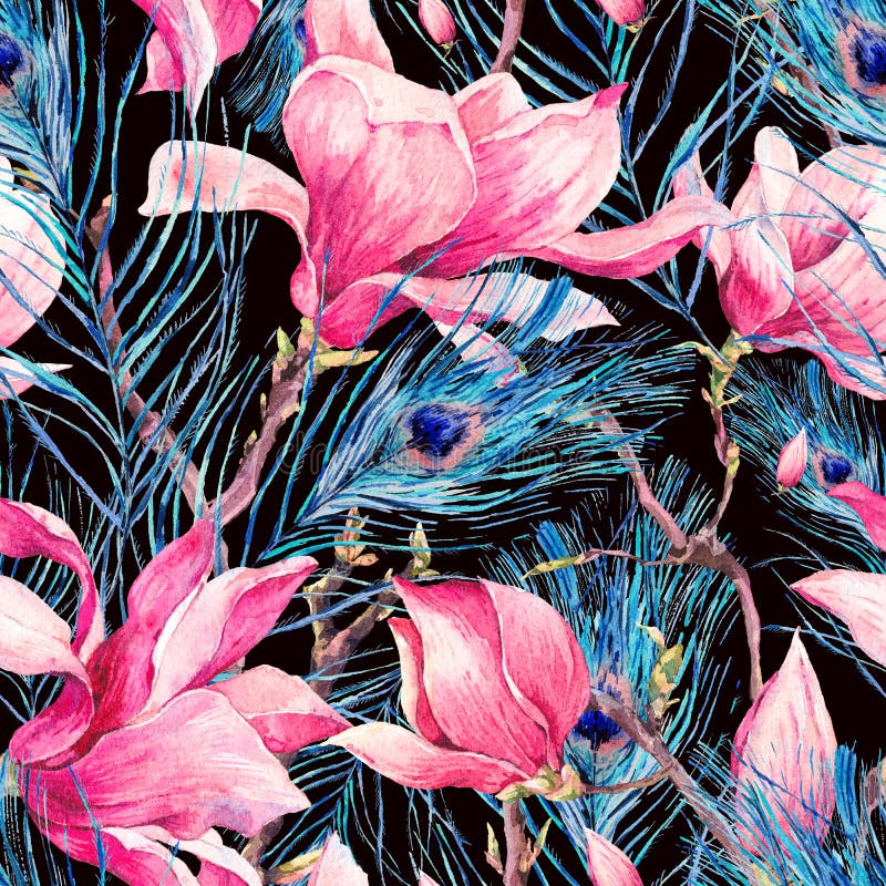 Modelo inconsútil con la pluma de la magnolia y del pavo real libre illustration Modelo inconsútil con la pluma de la magnolia y del pavo real libre illustration