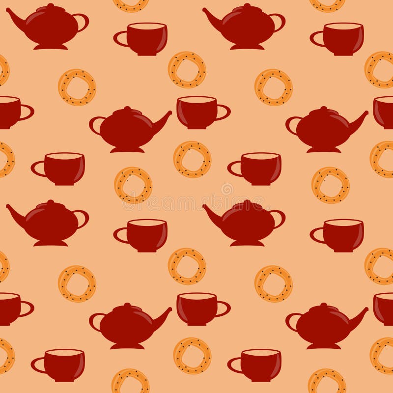 Modelo inconsútil con la tetera y taza roja y pretzel dulce libre illustration Modelo inconsútil con la tetera y taza roja y pretzel dulce libre illustration