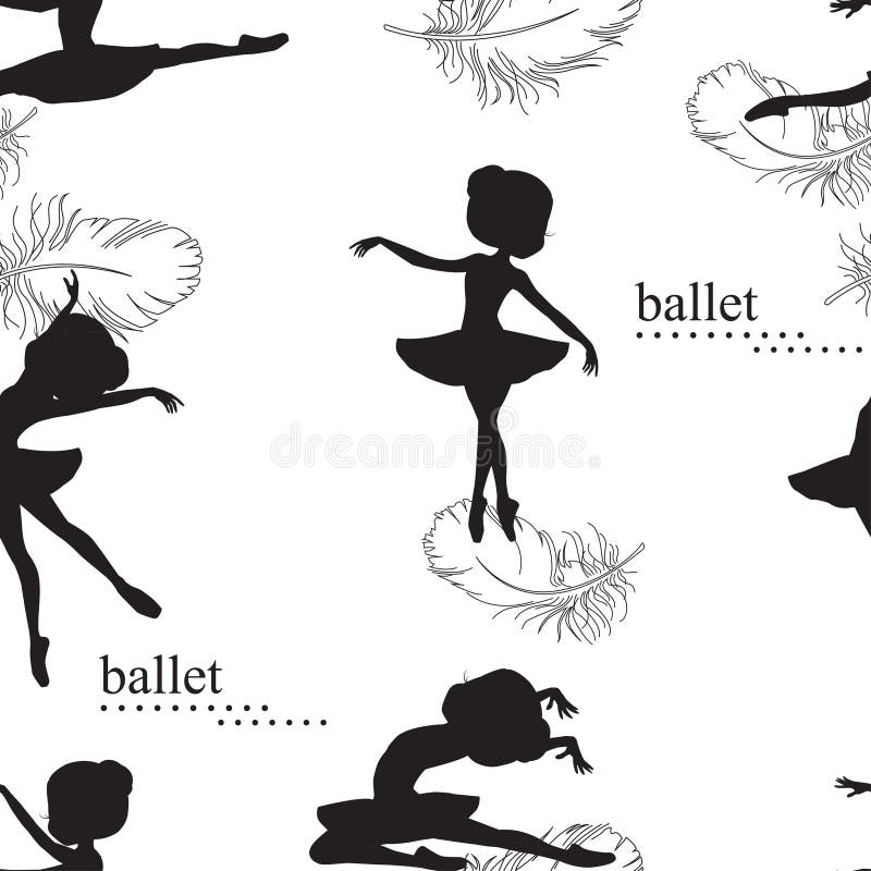 Pattern with silhouette of ballerinas and feather of swan. Black and white illustration of ballerinas.Retro seamless pattern. Hand drawn illustration. Pattern with silhouette of ballerinas and feather of swan. Black and white illustration of ballerinas.Retro seamless pattern. Hand drawn illustration.