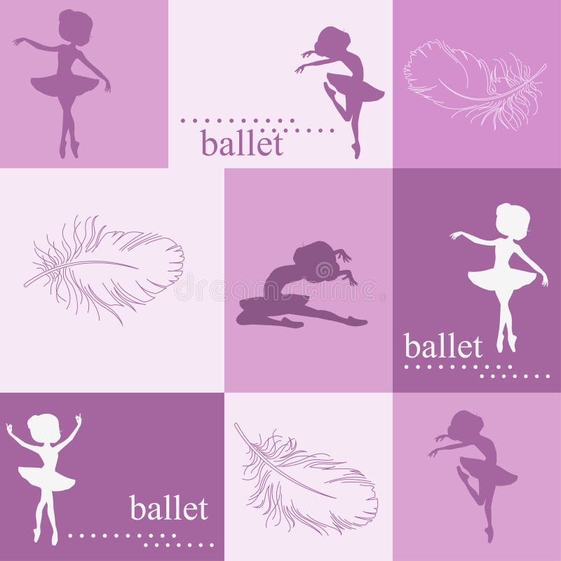 Pattern with silhouette of ballerinas and feather of swan. Pink illustration of ballerinas. Retro seamless pattern. Hand drawn illustration. Pattern with silhouette of ballerinas and feather of swan. Pink illustration of ballerinas. Retro seamless pattern. Hand drawn illustration.