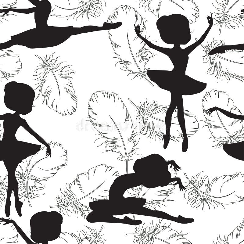 Pattern with silhouette of ballerinas and feather of swan. Black and white illustration of ballerinas. Retro seamless pattern. Hand drawn illustration. Pattern with silhouette of ballerinas and feather of swan. Black and white illustration of ballerinas. Retro seamless pattern. Hand drawn illustration.