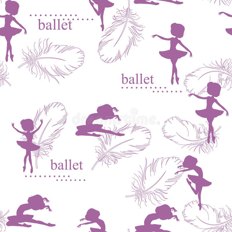 Pattern with silhouette of ballerinas and feather of swan. Pink and white illustration of ballerinas. Retro seamless pattern. Hand drawn illustration. Pattern with silhouette of ballerinas and feather of swan. Pink and white illustration of ballerinas. Retro seamless pattern. Hand drawn illustration.