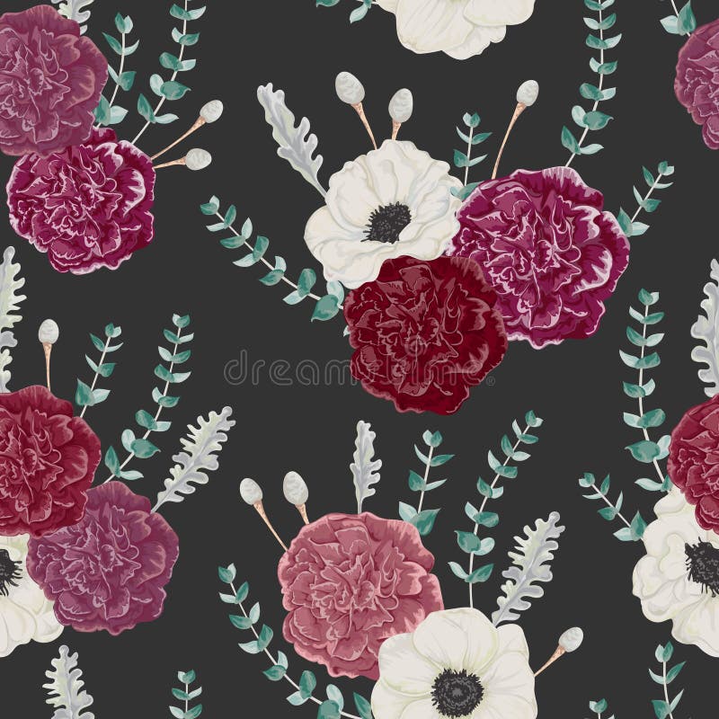 Modelo inconsútil con las flores del clavel y de la anémona, el eucalipto, el molinero polvoriento y el brunia de la plata ilustración del vector Modelo inconsútil con las flores del clavel y de la anémona, el eucalipto, el molinero polvoriento y el brunia de la plata ilustración del vector