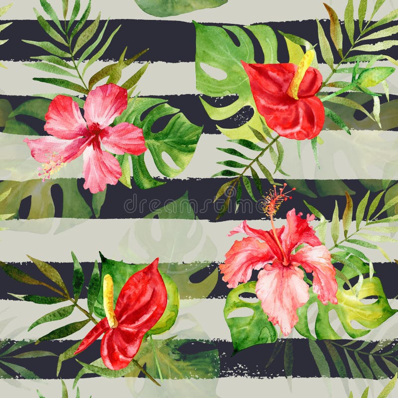 Modelo inconsútil con las flores y las hojas tropicales de la acuarela encendido libre illustration Modelo inconsútil con las flores y las hojas tropicales de la acuarela encendido libre illustration