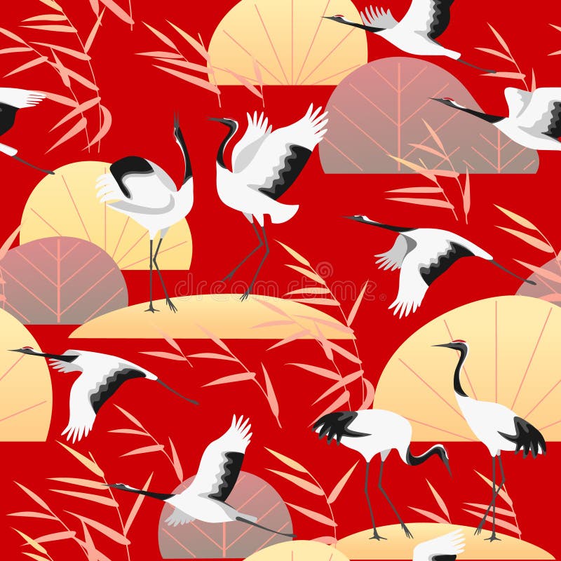 Modelo inconsútil con las grúas y Reed japoneses ilustración del vector Modelo inconsútil con las grúas y Reed japoneses ilustración del vector