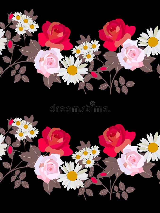 Modelo inconsútil con las guirnaldas de las flores del jardín aisladas en fondo negro Rosas rojas y rosadas, chamomilies y hojas libre illustration Modelo inconsútil con las guirnaldas de las flores del jardín aisladas en fondo negro Rosas rojas y rosadas, chamomilies y hojas libre illustration