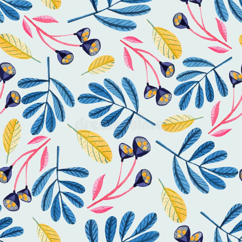 Modelo inconsútil con las ramas, las flores y las hojas de la acuarela ilustración del vector Modelo inconsútil con las ramas, las flores y las hojas de la acuarela ilustración del vector