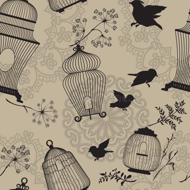 Modelo inconsútil con las siluetas decorativas del negro de la jaula de pájaros, la Florida stock de ilustración Modelo inconsútil con las siluetas decorativas del negro de la jaula de pájaros, la Florida stock de ilustración