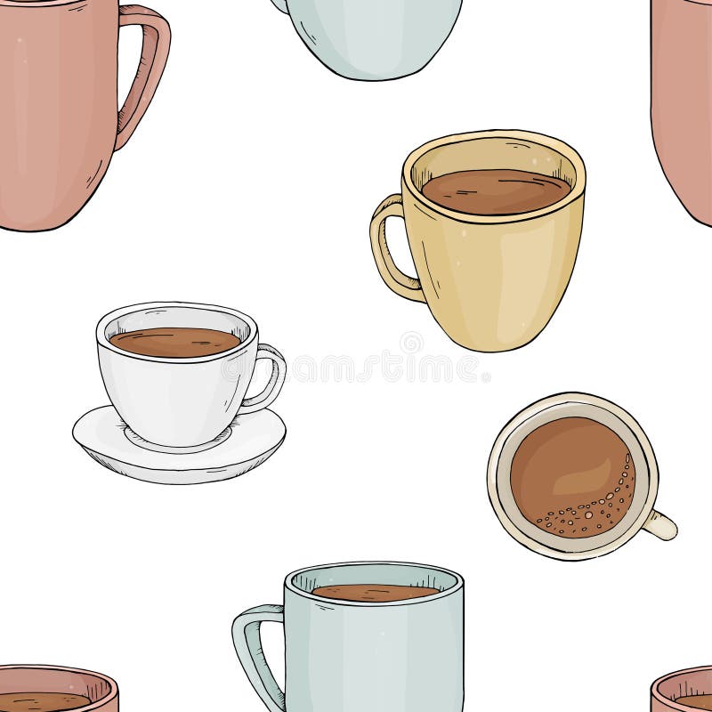 Modelo inconsútil con las tazas de diversos tamaños y formas Ejemplo del vector en estilo del bosquejo stock de ilustración Modelo inconsútil con las tazas de diversos tamaños y formas Ejemplo del vector en estilo del bosquejo stock de ilustración