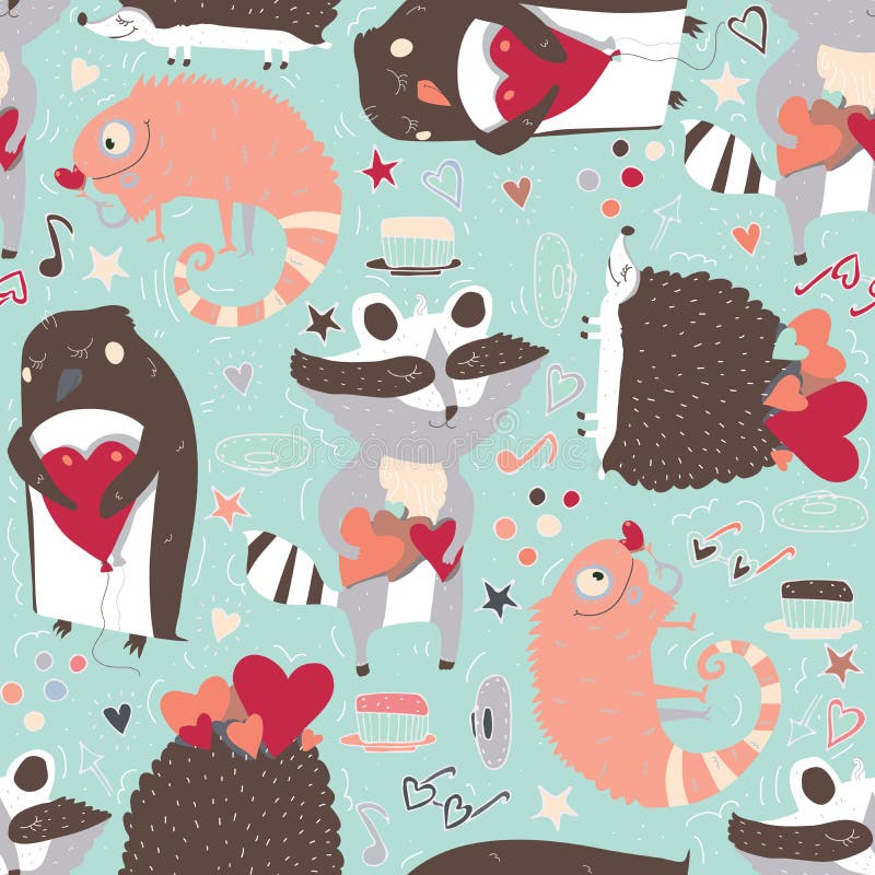 Modelo inconsútil con los animales lindos tales como mapache, iguana y erizo y pingüino con los corazones, adornados con la estre ilustración del vector Modelo inconsútil con los animales lindos tales como mapache, iguana y erizo y pingüino con los corazones, adornados con la estre ilustración del vector