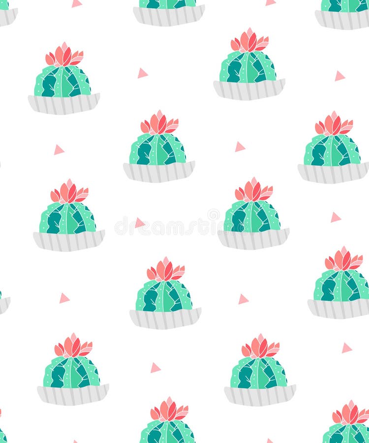 Modelo inconsútil con los cactus en macetas y triángulos rosados en el fondo blanco Ornamento para la materia textil y envolver V libre illustration Modelo inconsútil con los cactus en macetas y triángulos rosados en el fondo blanco Ornamento para la materia textil y envolver V libre illustration