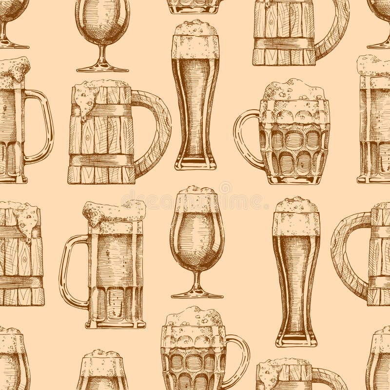 Vector seamless pattern with different beer glasses and mugs. illustration background in ink hand drawn style. Vector seamless pattern with different beer glasses and mugs. illustration background in ink hand drawn style.